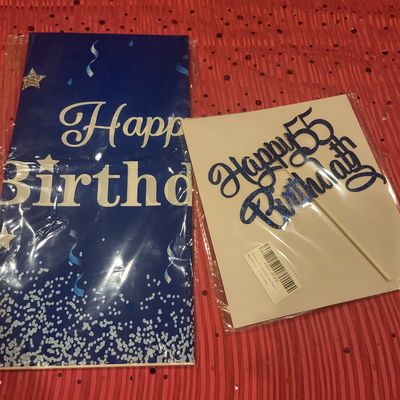 unknown NEW 55 BIRTHDAY cake topper and thick blue table cover 102 long