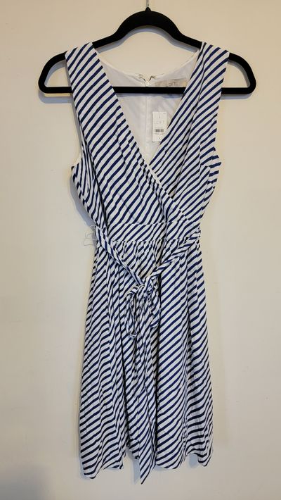 Loft NWT Blue and White stripe sleeveless faux wrap dress Women's 6