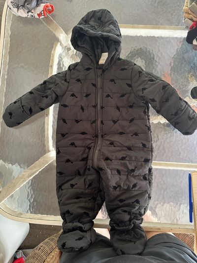 First Impressions black dino zip up with folding mittens and detachable footies 6-9 Months