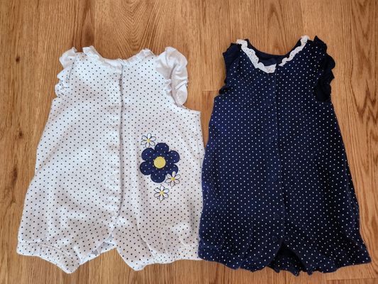 Little me 2 summer rompers white and navy, matching for twin girls 0-3 Months