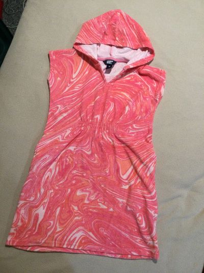 Lands end Hooded terry Pink swirl Beach coverup 7-8