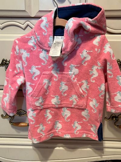 Pottery Barn kids beach pool cover up Size 6-12 months. Pink Terry with seahorse print SFPF 6-12 Months
