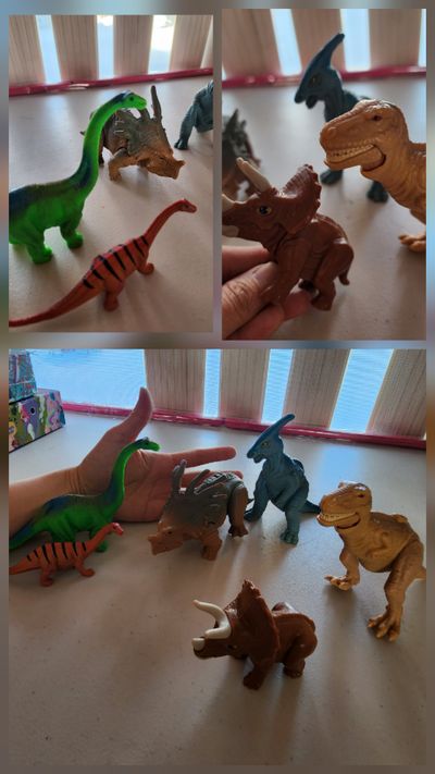 6 of Hand size dinosaur toys, Tyrannosaurus Rex, Triceratops, Brachiosaurus, and more...