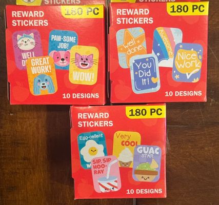 3 packs of reward stickers, 180 in each pack 3 packs of reward stickers, 180 in each pack