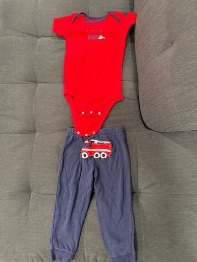 Carters 2-piece set navy blue pants and red little fire chief onesie 18-24 Months