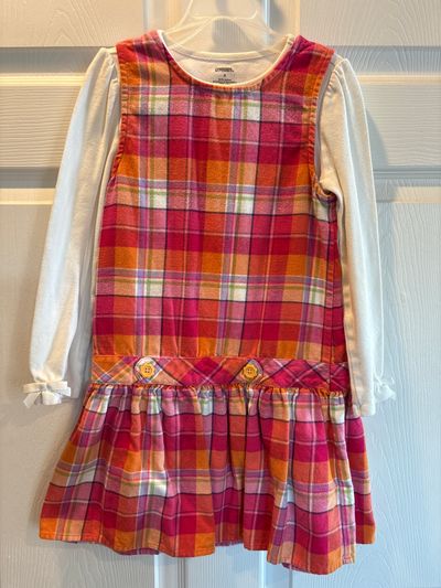 Gymboree Long sleeve white shirt with pink/orange plaid jumper 6T/6