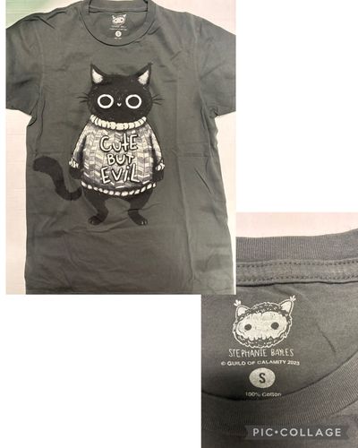 Stephanie Bayles tee 100 cotton Grey Cute But Evil cat tee Junior S - 2