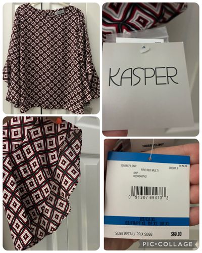 NEW KASPER Blouse retail $69 NEW W TAGS fire red print blouse w ruffle 3/4 sleeve Women's - XL