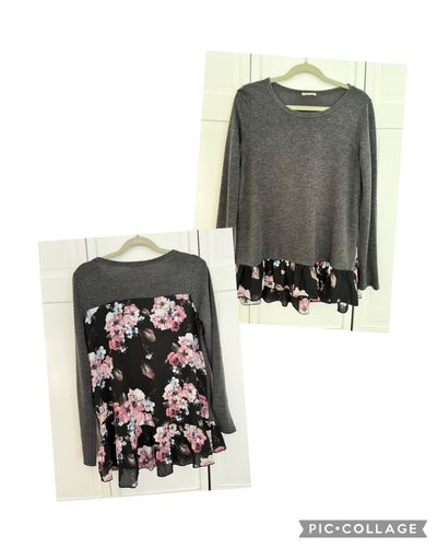 Oddy Like New. Dark grey with chiffon floral on bottom and back.  LS Women's - M