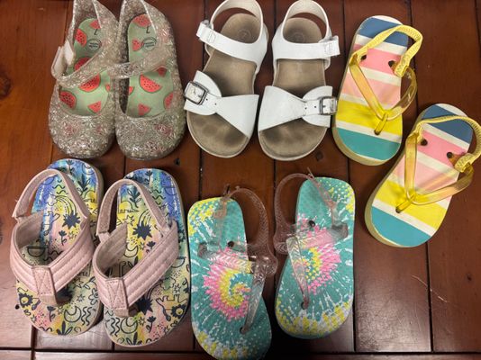 Mostly Cat and Jack. Size 7, sandal lot. Mostly Cat and Jack. Size 7, sandal lot. 7 (Lil' Kid)