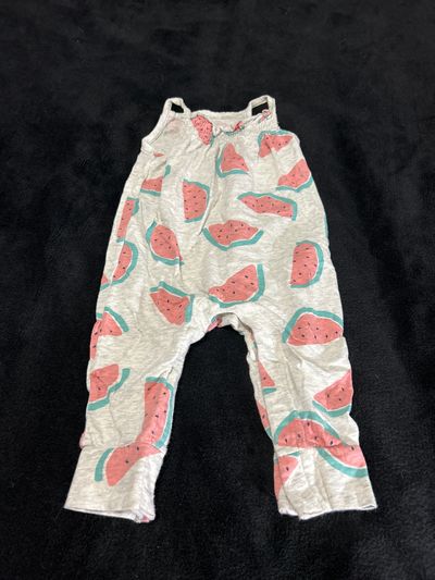 Carters light gray, long leg romper with watermelons 9 Months