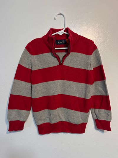 The Children's Place Grey & Red Striped Sweater w Zipper Neck 4T