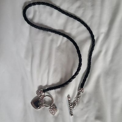 unknown Lia Sophia braided black cord necklace w/silver tone heart charms