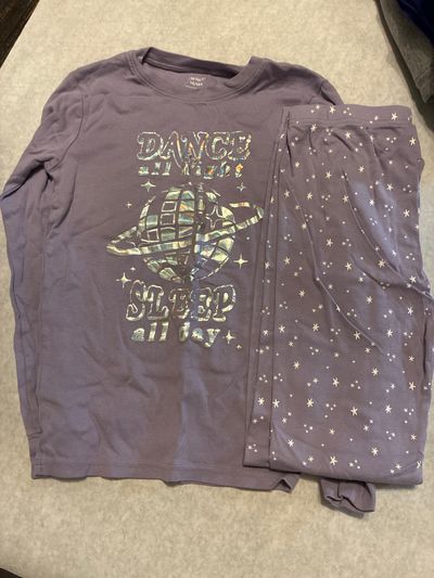 Carters size 14 long sleeve pjs Purple silver and white dance all night sleep all day 14-16