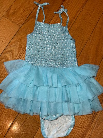 Posh peanut Blue tulle floral dress worn once for family photos 2T