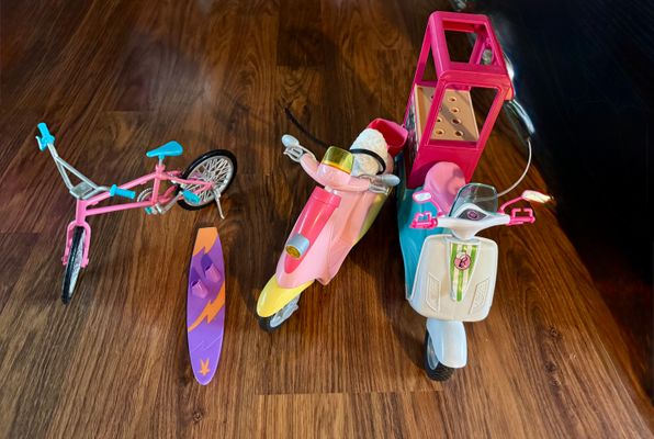 Barbie vehicles Ice cream truck, motor scooter, bike, surfboard