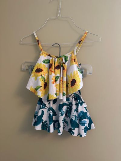 2 Bikini Tops Sunflower/Palm Leaves 10-12
