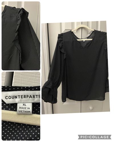 Counterparts Top w ruffle detail on shoulder black w polka dots Women's - XL
