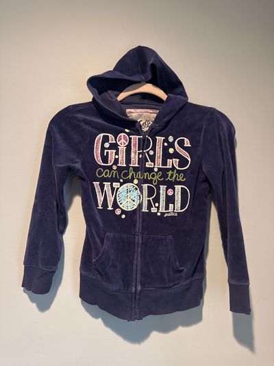 Justice Navy Blue fleece hoodies zip up Girls can change the world 7-8