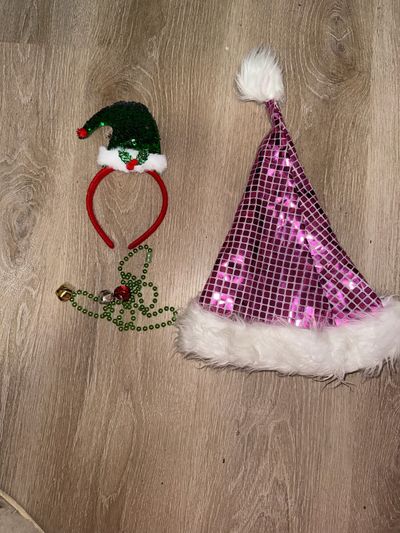 Pink sequin Santa hat, Holiday elves headband. And Bells necklace