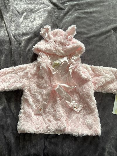 Baby Thro Pink Minky Swirl satin lined bunny coat Sized 9-12 months Easter Holiday lightweight jacket 12 Months
