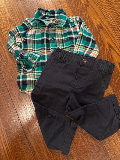 Carters Green plaid and black pants bundle 18 Months