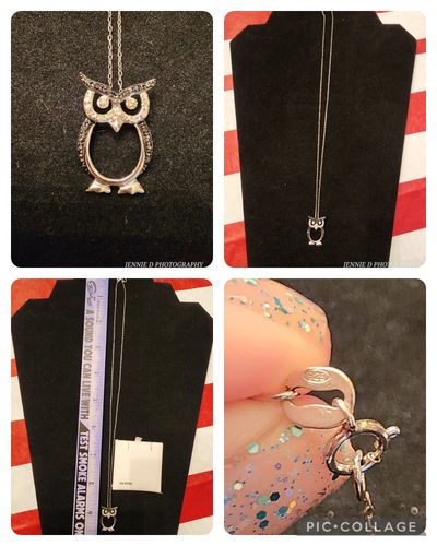 Sterling silver Owl necklace Owl necklace with fake diamond and black gems