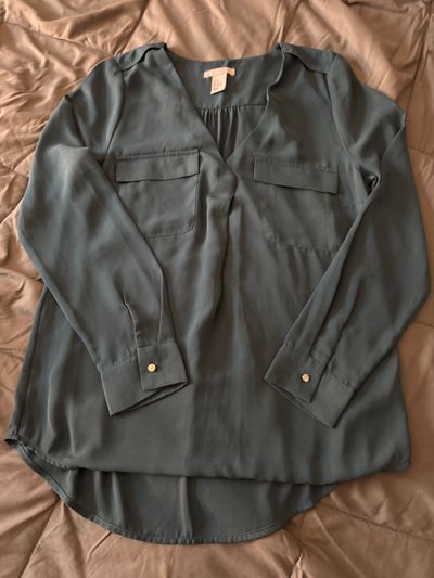 H&M Teal VNeck Colored LS Blouse Junior L - 8