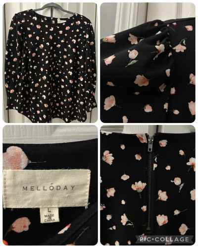 Melloday blouse Black w peach pink flowers zipper back Women's - L
