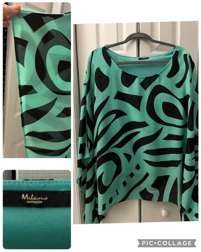 Milano woman -beautiful top Aqua black geometric blouse w kimono sleeves Women's 2X