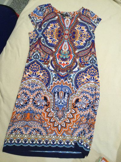 RnK Stretch knit shift dress with boho print falls above knee Women's - L