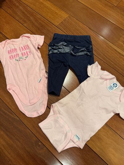 Two Gerber onesies 0 to 3 months and blue ruffle Pants 0 to 3 months 0-3 Months