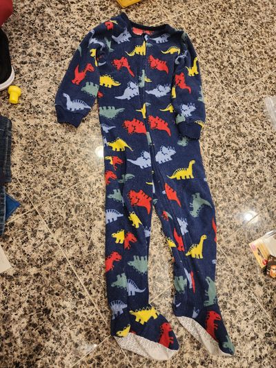 Absorba one piece footed PJ dinosaur children's blue footed pajamas with a dinosaur print. 3T