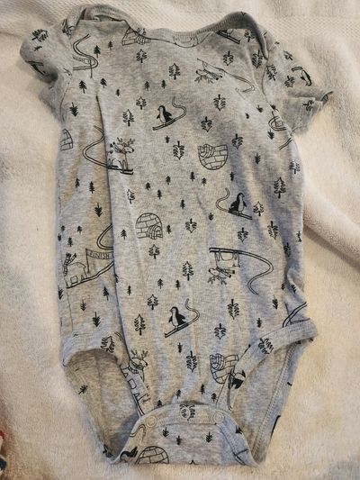 Carter bodysuit features a playful bears and penguins skiing, along wit 24 Months