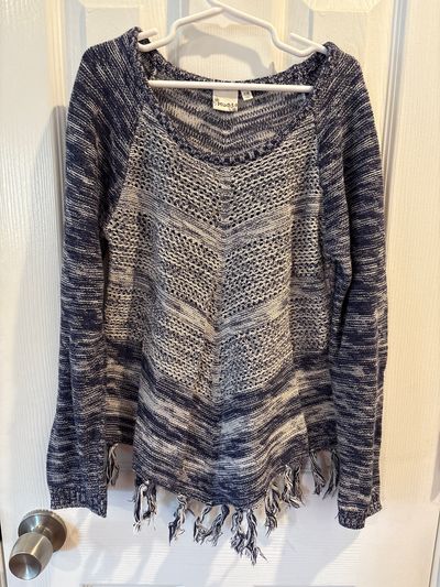 Mudd Navy blue/white sweater with fringe- needs a shirt for underneath 7-8
