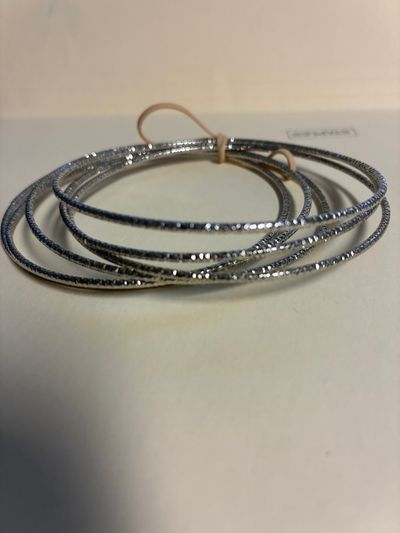 Set of 6 wide wrist stackable bangle  bracelets Thin Silver tone diamond cut bangle bracket set