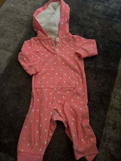 Carters pink polka dot fleece one piece With hood. Size 6m 6 Months