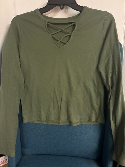 olive green LS top w pretty x straps on chest Olive green LS top w double x chest detail Women's - S