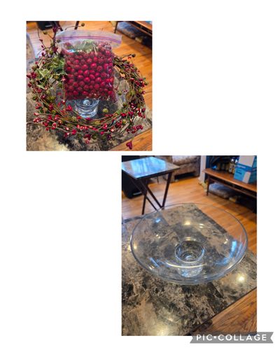 Glass bowl with cranberry decor rim And bag of filler