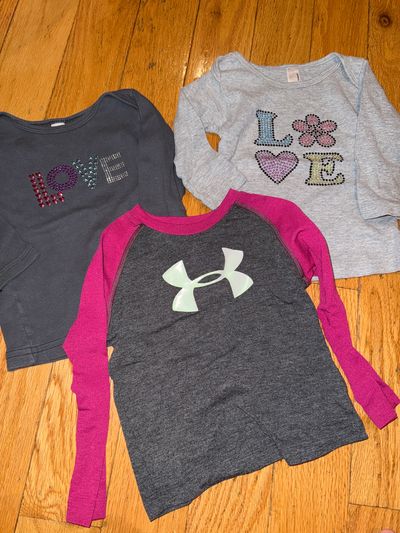 American Apparel & Under Armour Lot of 3 l/s shirts love rhinestone and pink sleeve UA 12-18 Months
