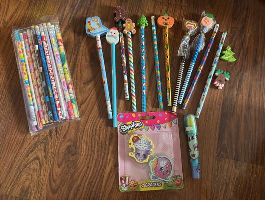 Holiday & various pencils & erasers New