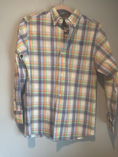 CHAPS Button up collard shirt white, blues, green, orange plaid 14-16