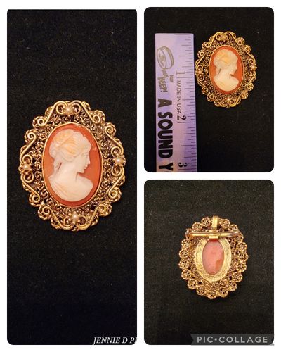Vintage cameo brooch fake gold/pearls Gold Tone Cameo with Decorative Border Brooch