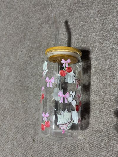 NA NEW glass cup with glass straw. Book lover