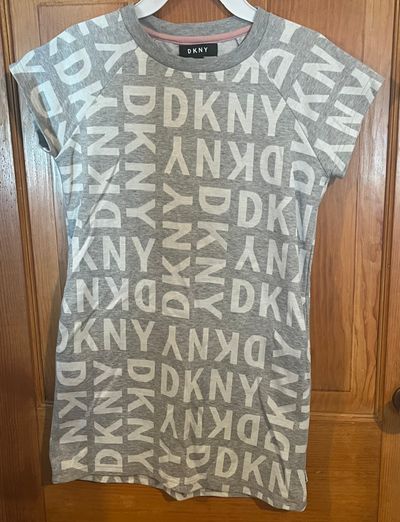 DKNY grey print Jersey dress Like new! Size large. SFPF home 10-12