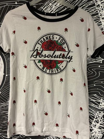 Zumiez tee white w red roses and logo Thanks for absolutely nothing logo w roses Junior S - 3