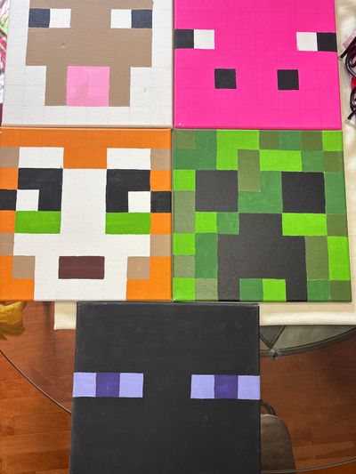 Hand painted Minecraft paintings 12x12 inches set of 5