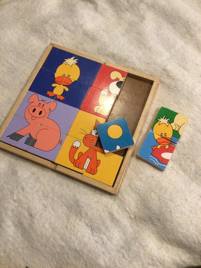 Wooden toddler puzzles double sided Makes 8 animal 4x4 puzzles dog duck pig