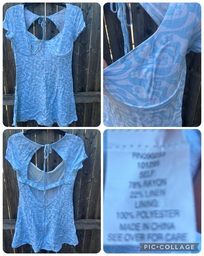 PACSUN baby blue surfer girl style dress Baby blue w white print wired chest tie top back Junior S - 2