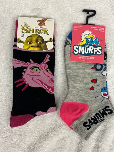 Brand New 2 Pair Womens Socks. Smurfs and Shrek Brand New 2 Pair Womens Socks. Smurfs and Shrek Women's - L